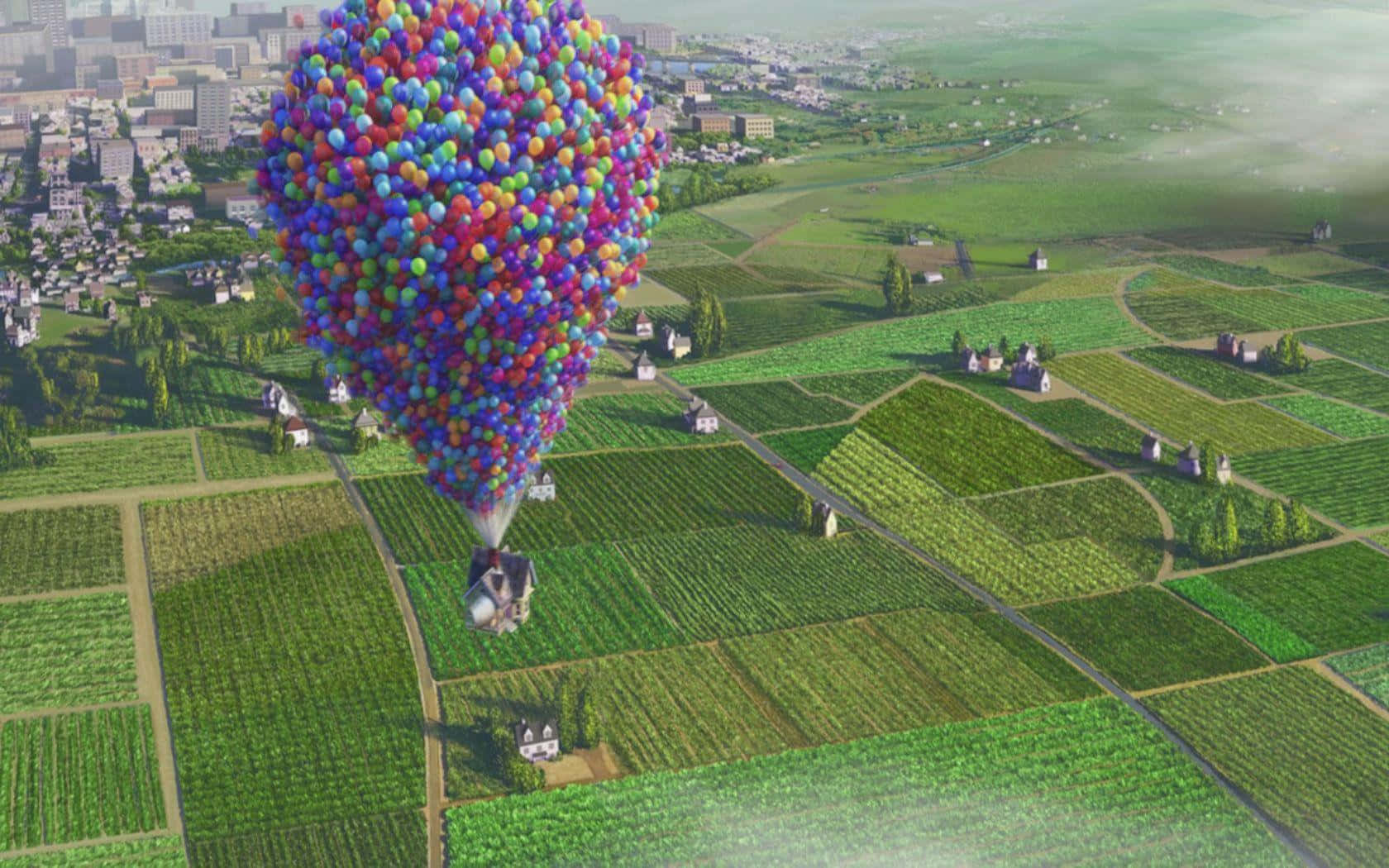 A Colorful Sky with Flying House Tied to Balloons