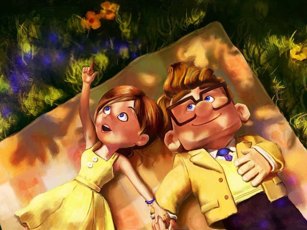 Ellie og Carl fra Up-filmen i gul dragt holder i hænderne tapet Wallpaper