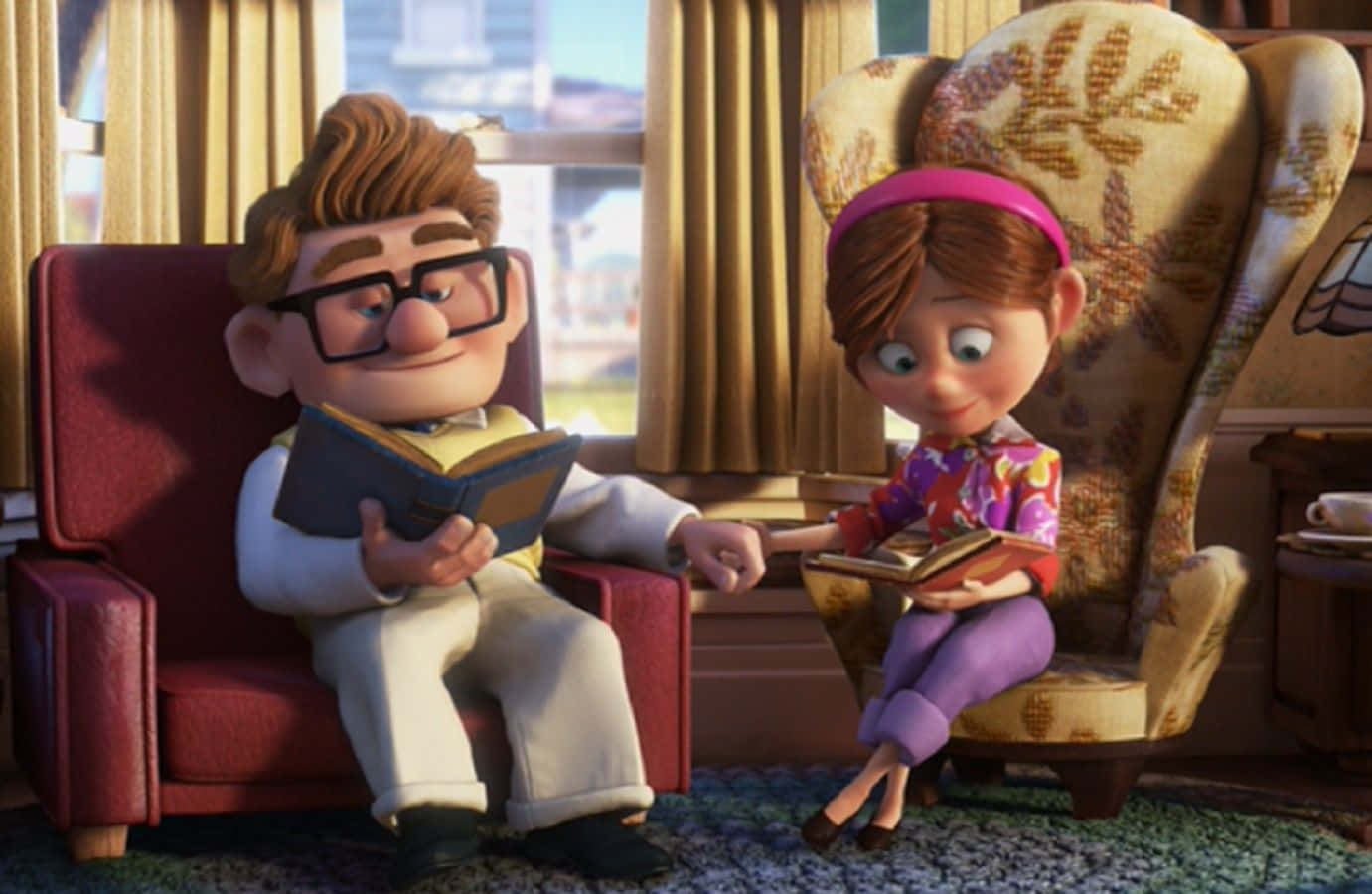 Ellie And Carl Holding Hands And Reading In Up Movie Wallpaper