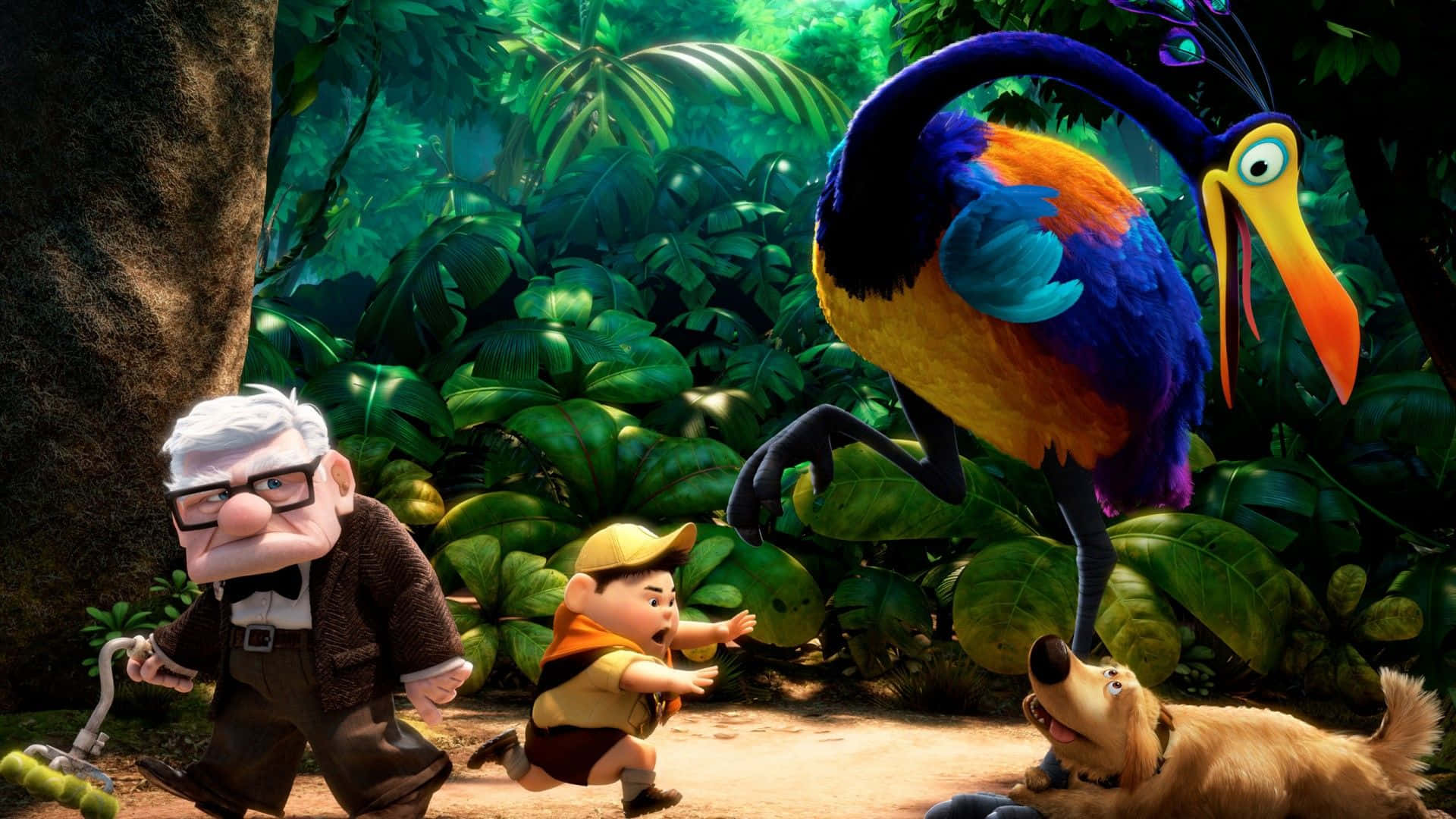 Russel Protecting Dug From Kevin In Up Movie Wallpaper