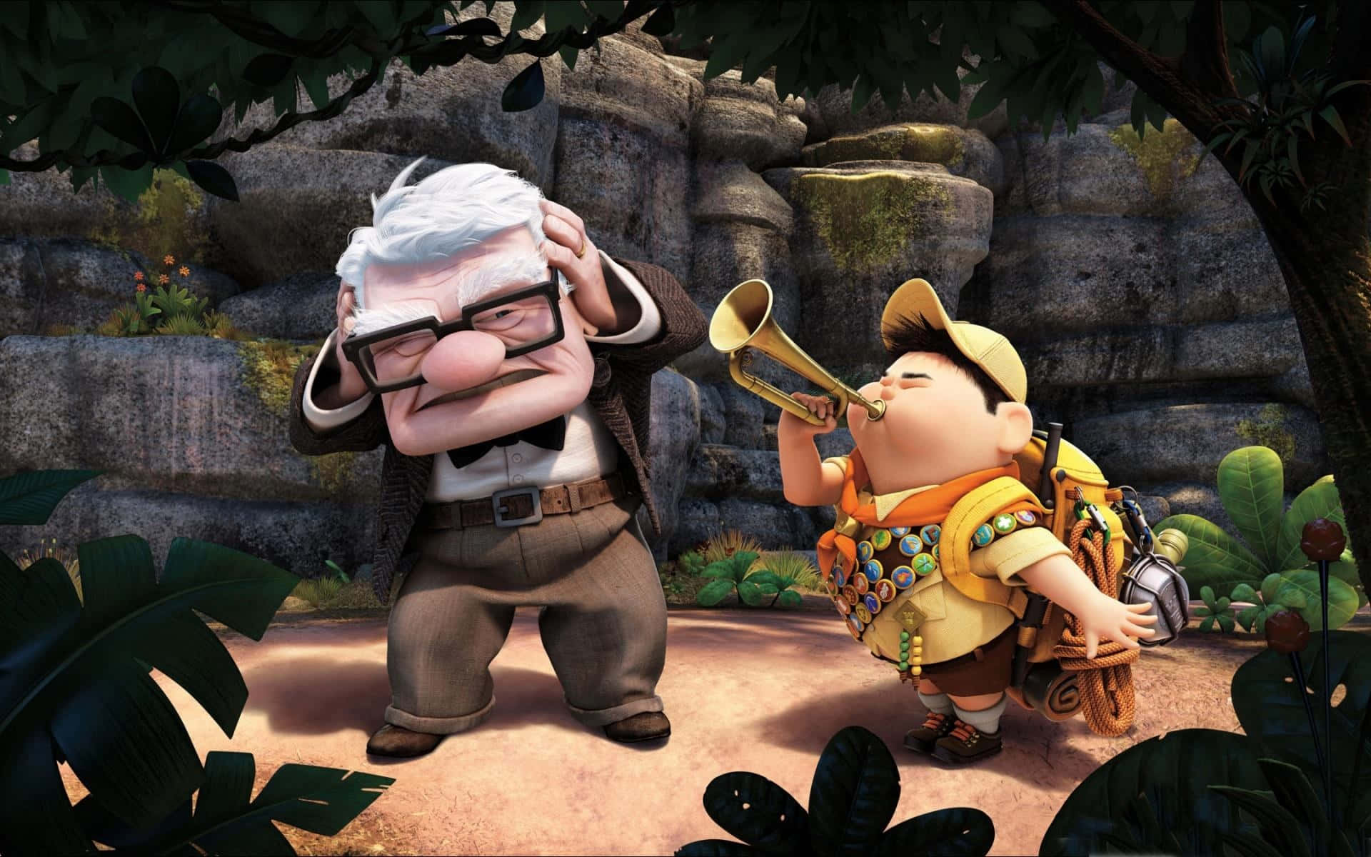 Carl Annoyed From Russel Playing Trumpet In Up Movie Wallpaper