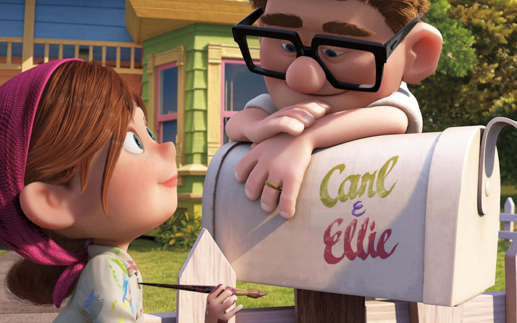 Carl And Ellie Painting Mailbox In Up Movie Wallpaper