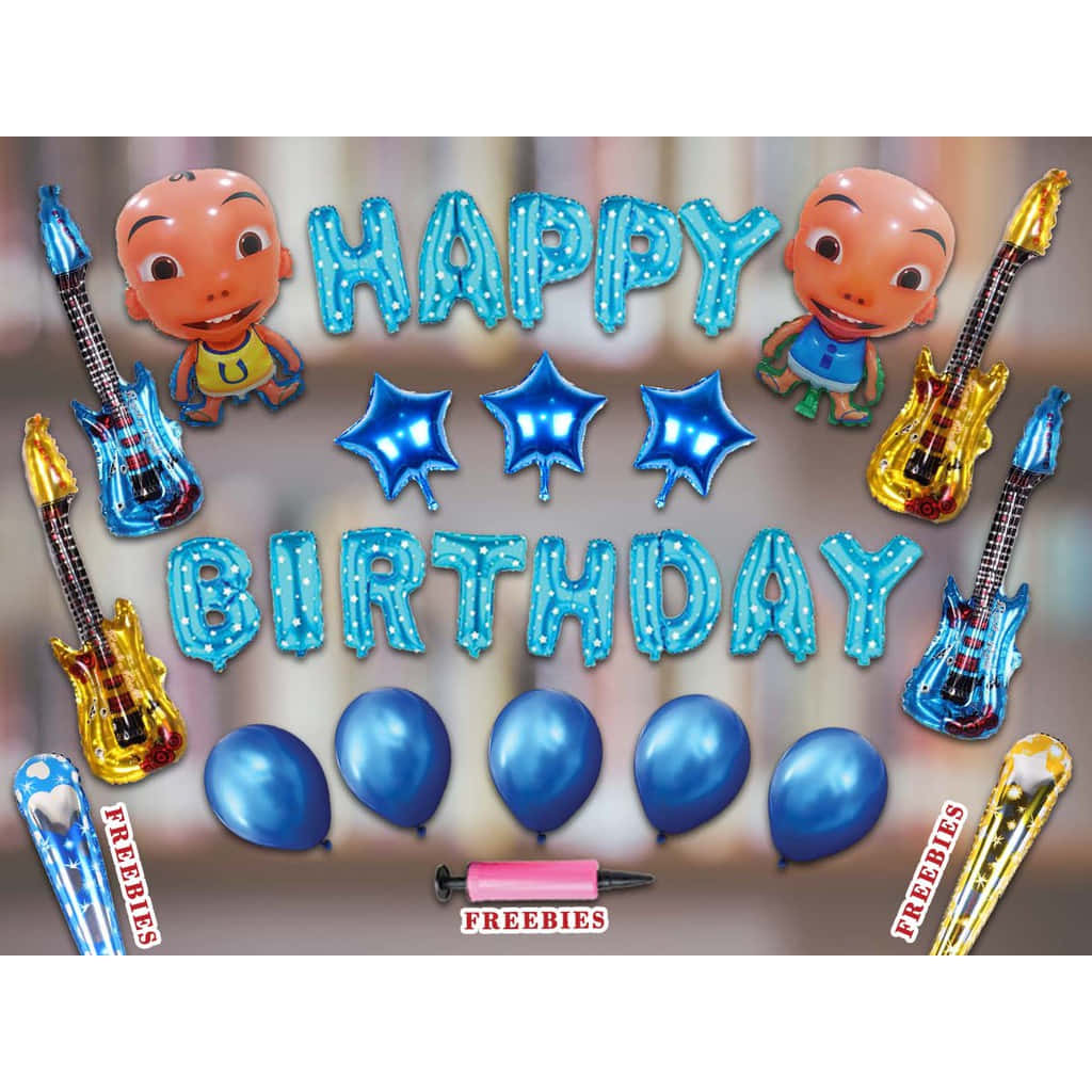 Tillykke Med Fødselsdagen Ballon Kittet Med Blå Balloner Og En Guitar.