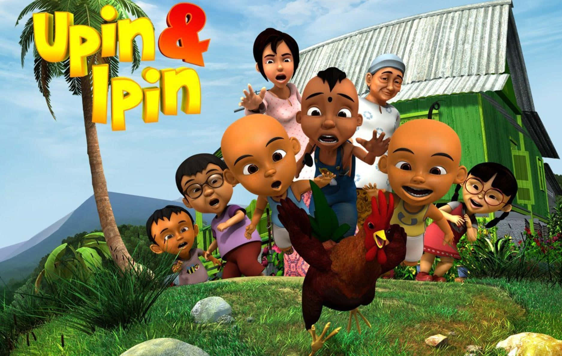 Uppin& Pin - En Tecknad Serie Med Barn Framför Ett Hus
