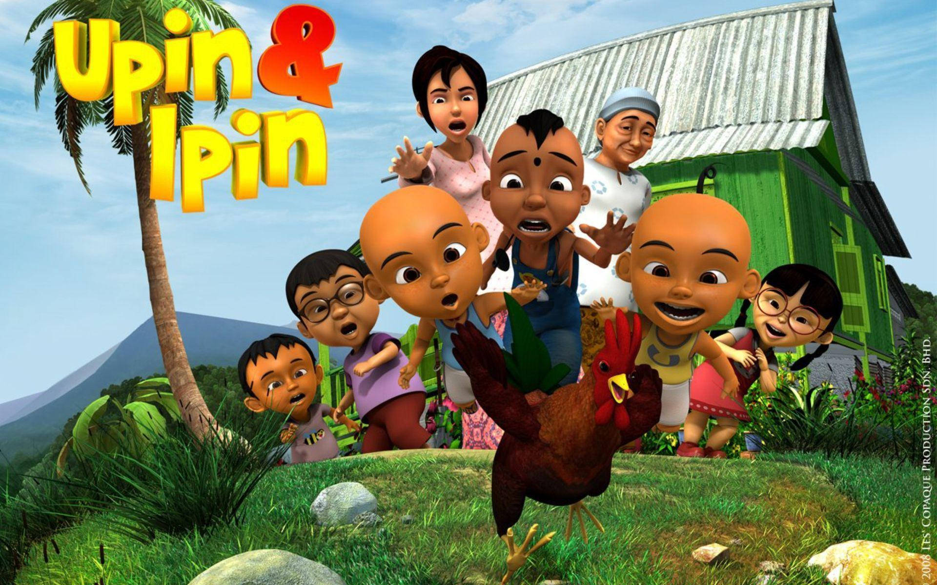 Upin Ipin Characters With A Rooster Wallpaper