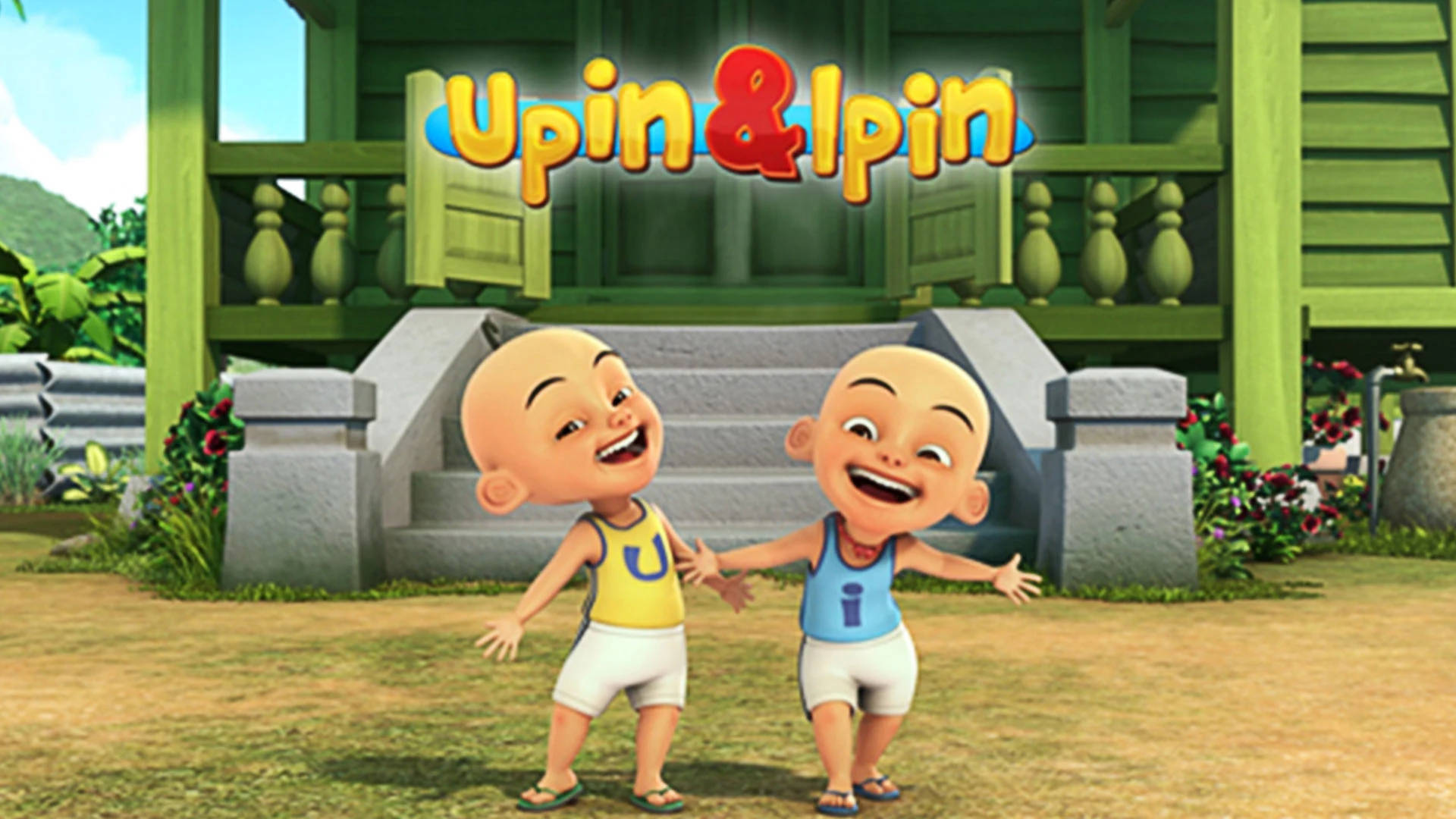 Upin Ipin Outside Of Their House Wallpaper
