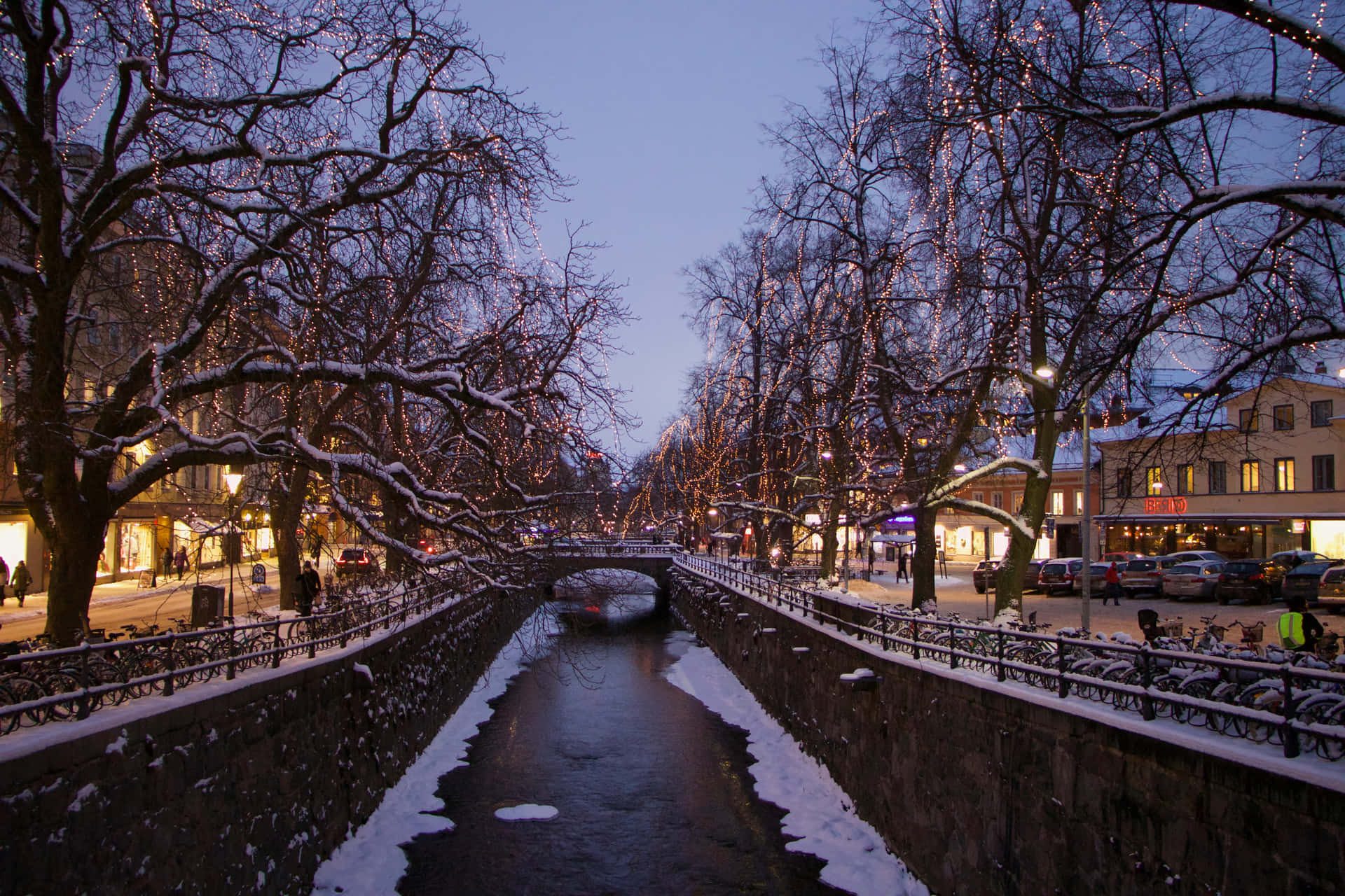 Uppsala Winter Evening Canal Wallpaper