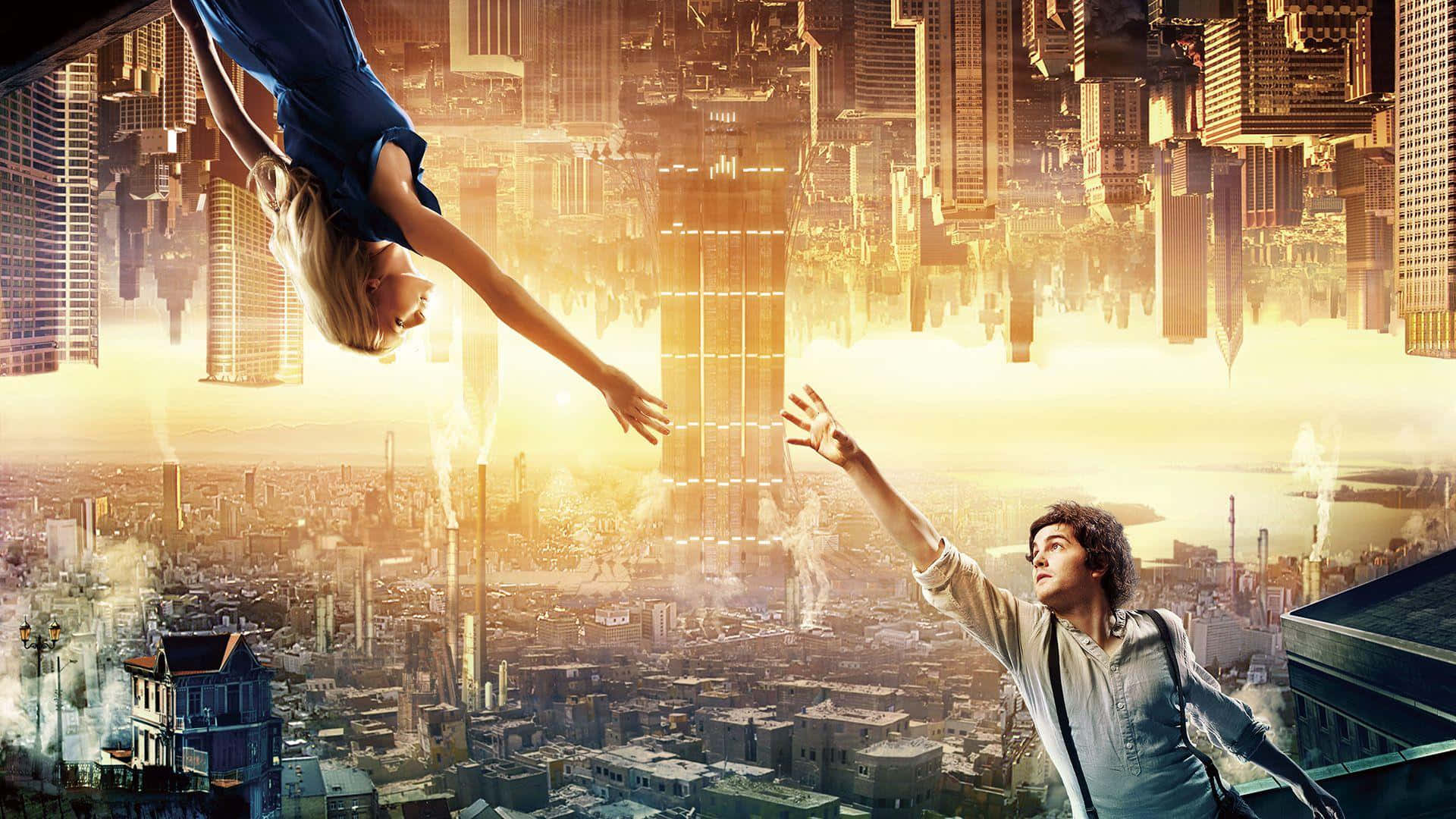 A Man And Woman Are Flying Over A City