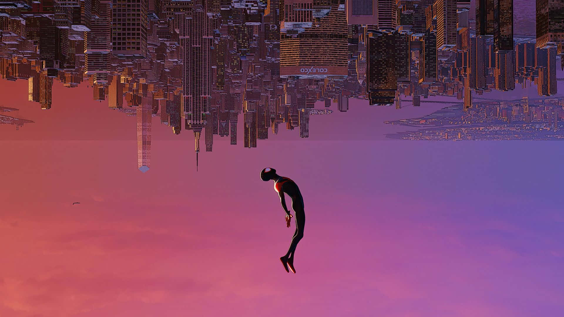 En mand flyver i luften over en by skyline.