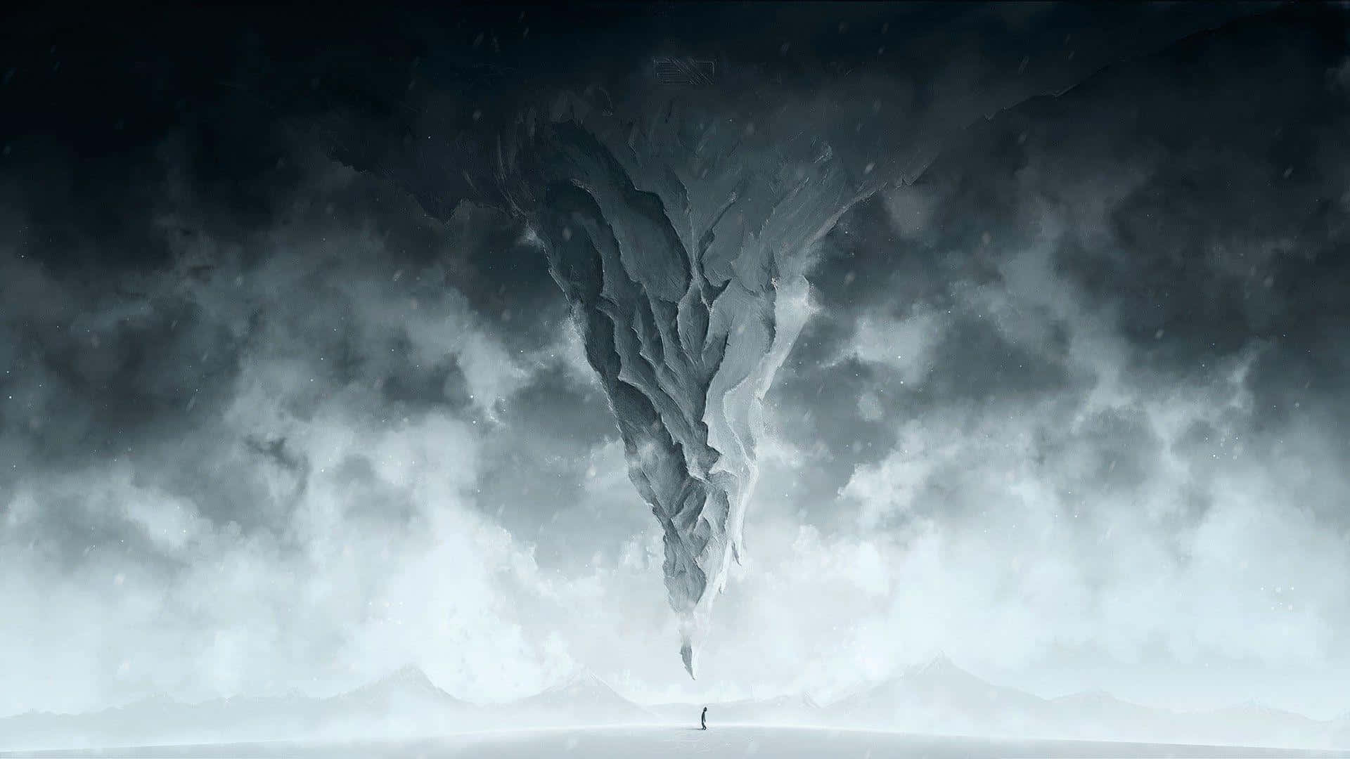 Et maleri af en stor sky med en person stående foran den.