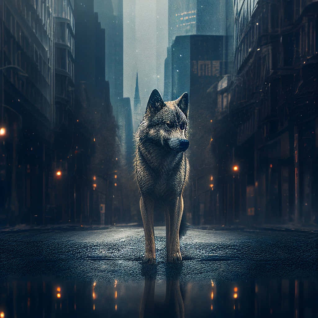 Urban Alpha Wolf Standing Street Wallpaper