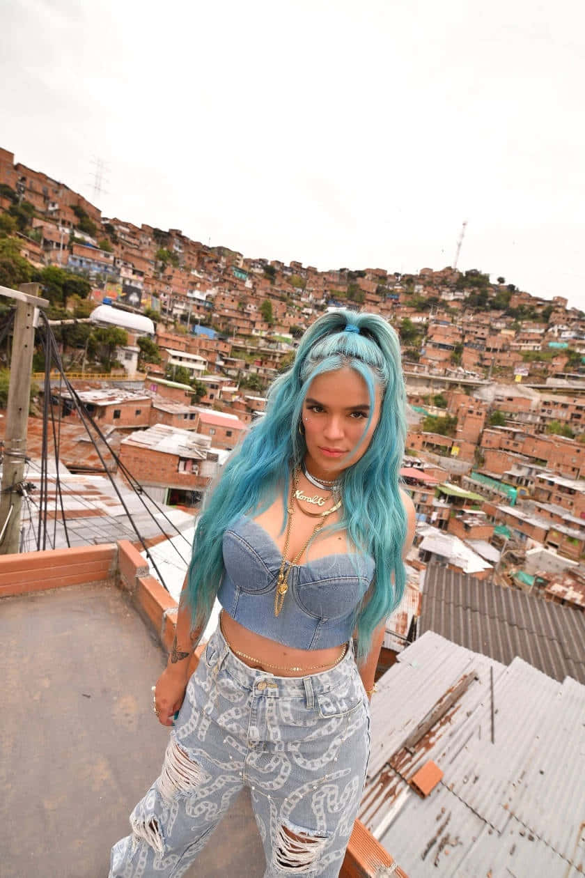 Urban_ Blue_ Haired_ Woman_ Above_ Cityscape Wallpaper