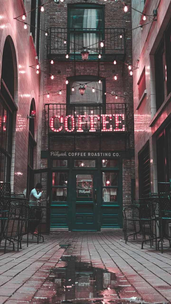 Urban Coffee Shop Facade Night Lights Wallpaper