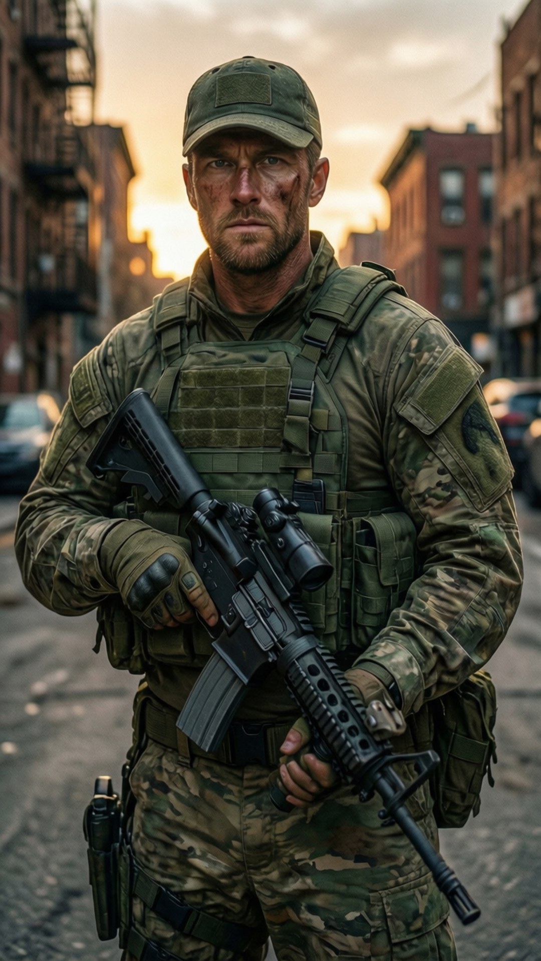 Soldier in ranger green plate carrier in urban alley at dusk, tactical pose.