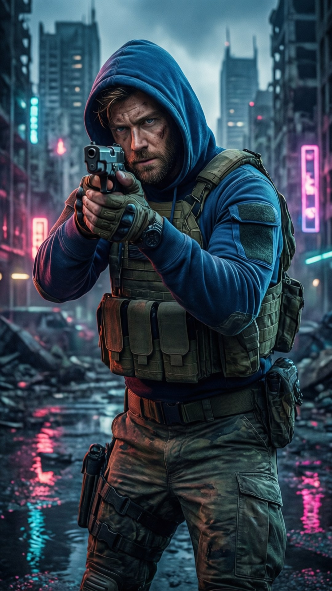 Soldier in blue hoodie in neon-lit ruins, Call of Duty Modern Warfare.