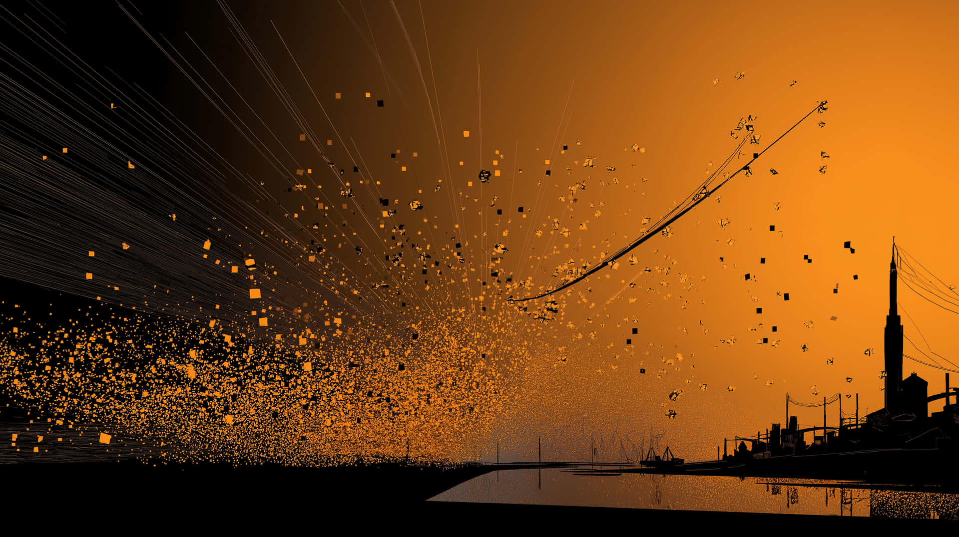 Urban Horizon With Abstract Particle Burst And Digital Stream Wallpaper