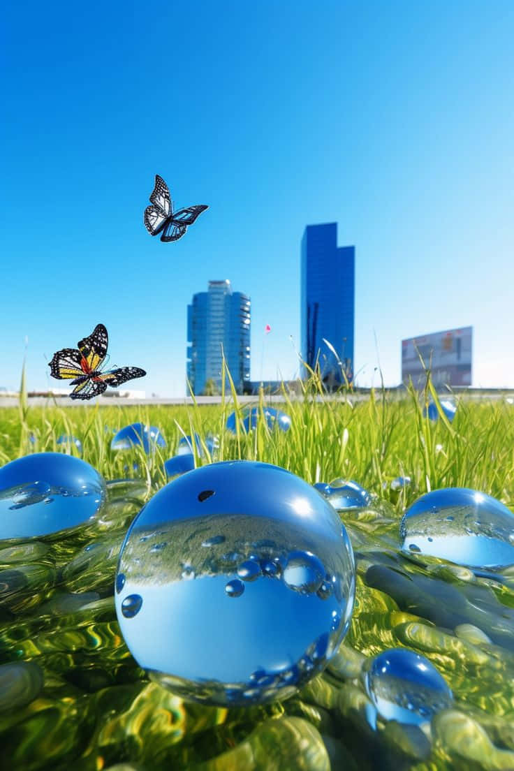 Urban Nature Harmony Spheres Butterflies Wallpaper