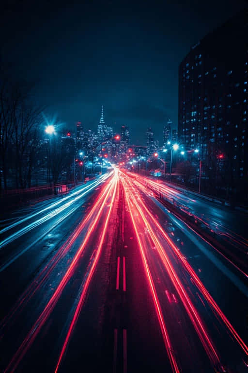 Urban Neon Blues Slow Shutter City Lights At Night Wallpaper