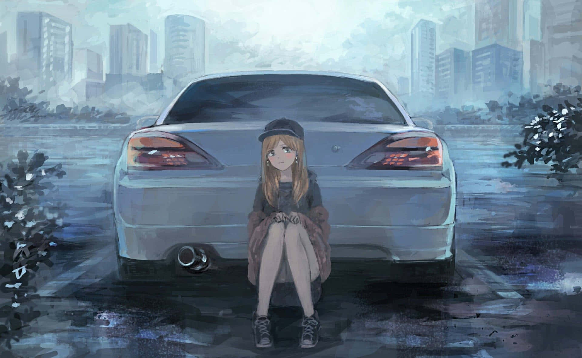 Urban Reflections Car And Girl Anime Art Wallpaper