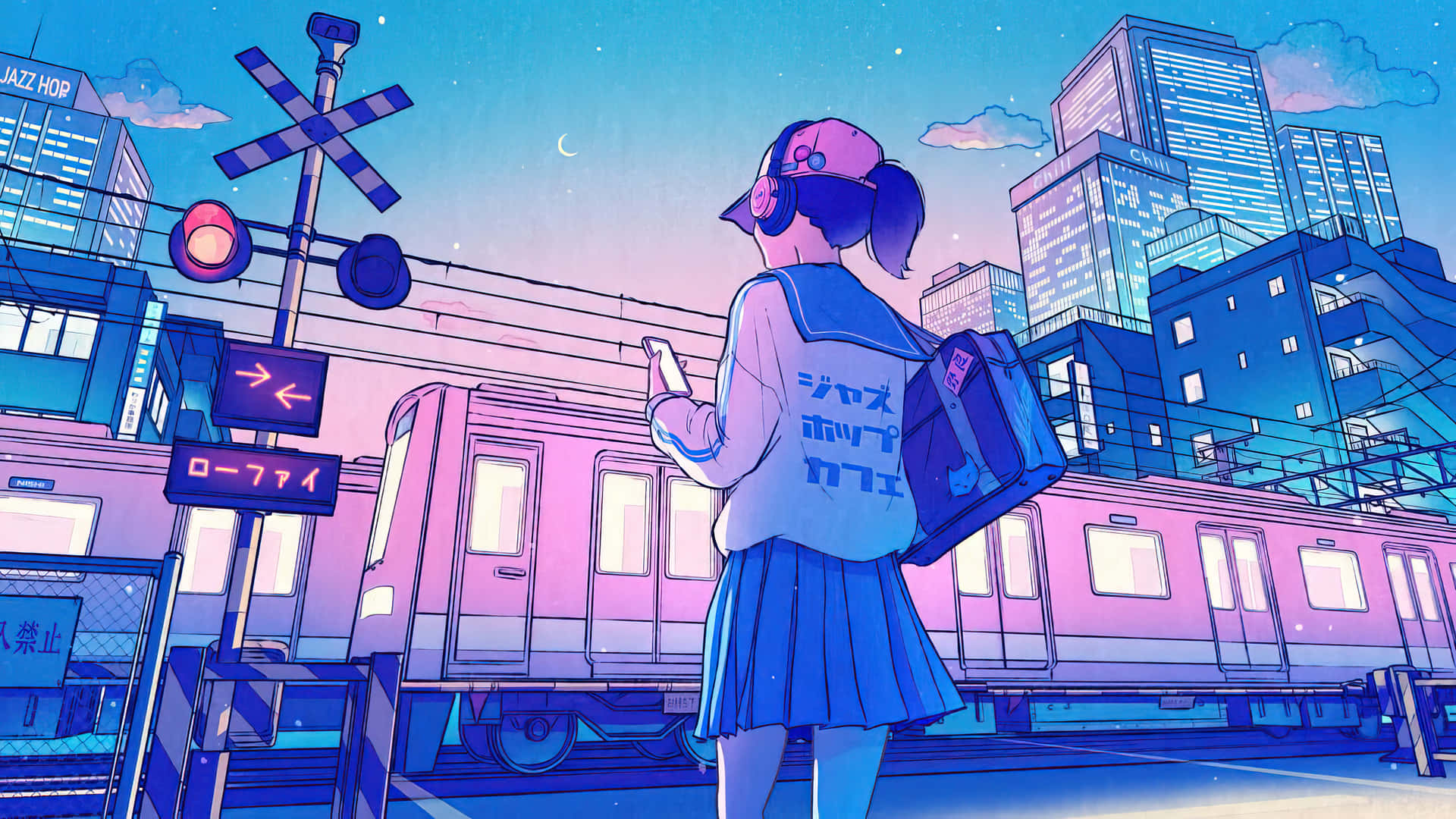 Urban Schoolgirl Evening Train Stop Wallpaper