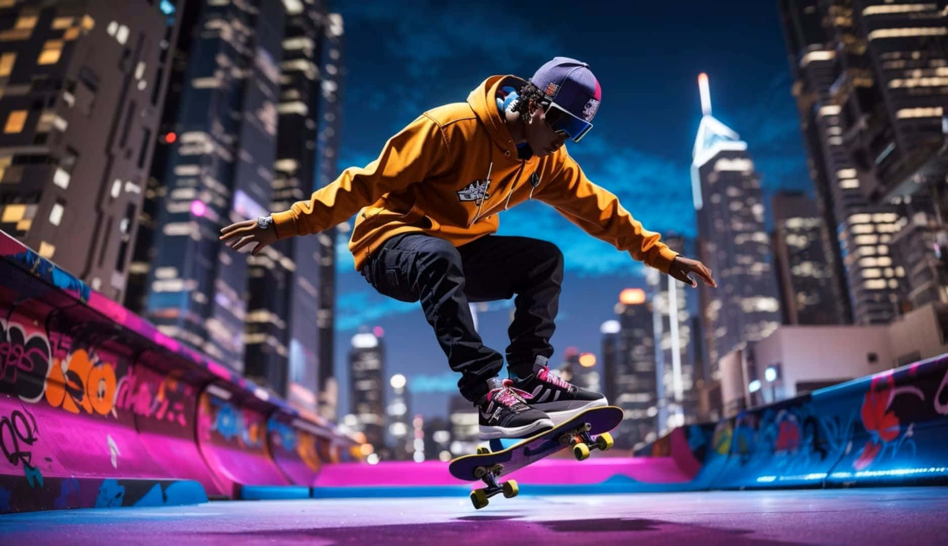 Skateboard Urbain Dans Un Paysage Nocturne Fond d'écran