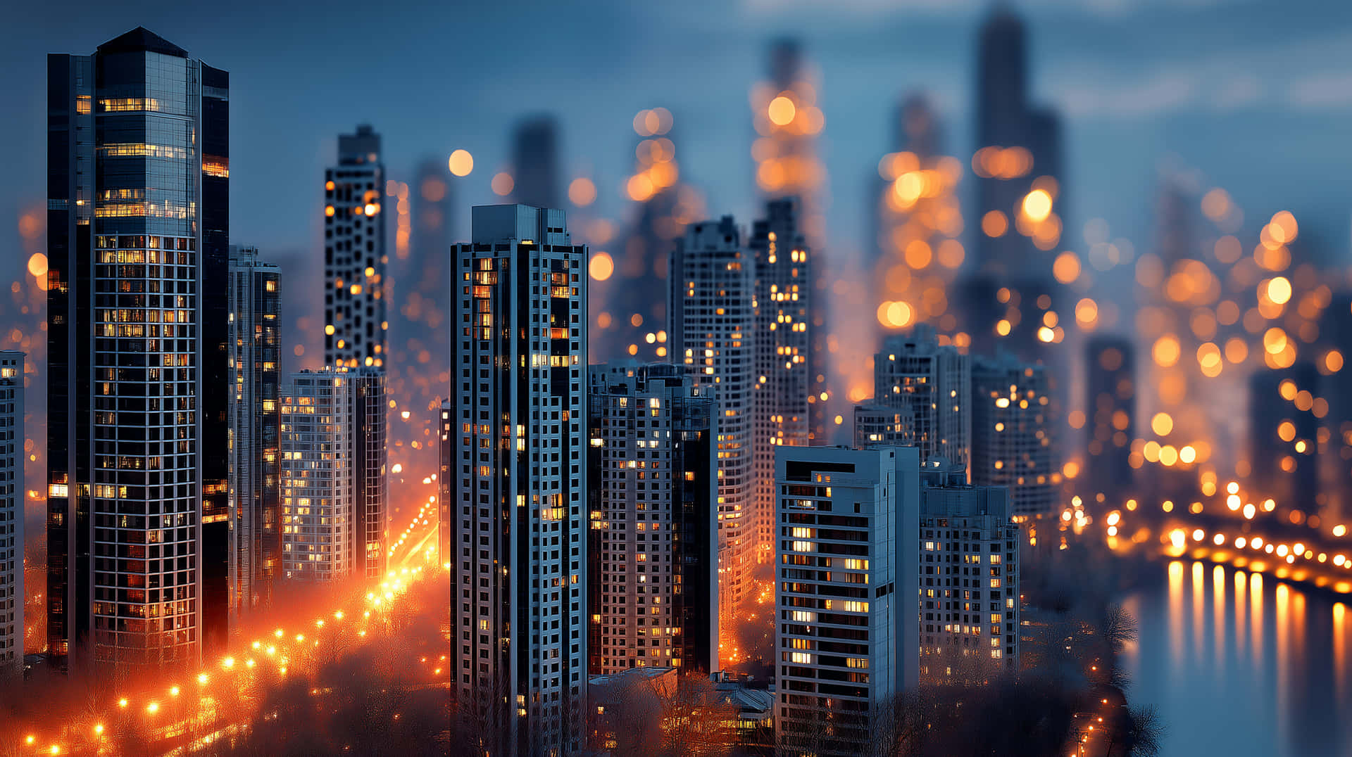 Urban Skyline With Illuminated Structures And Bokeh Light Trails Wallpaper