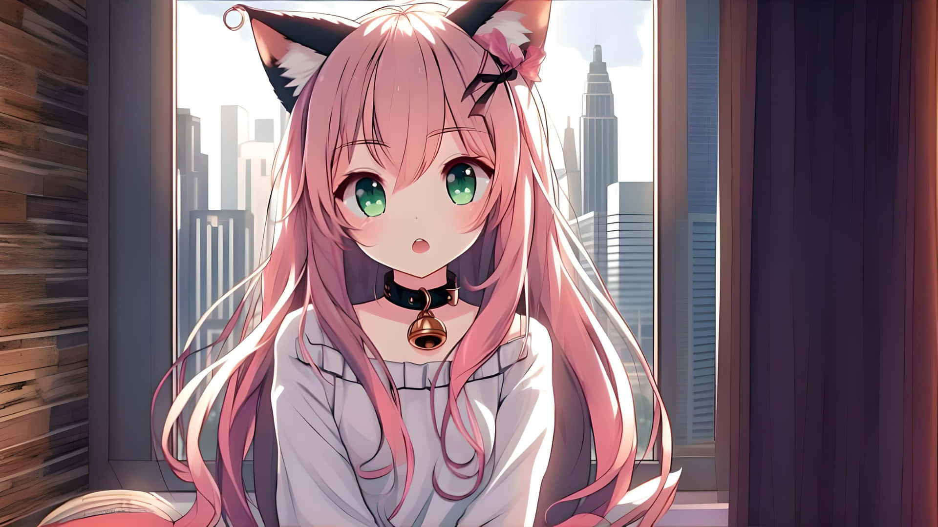 Urban Window Catgirl Anime Art Wallpaper