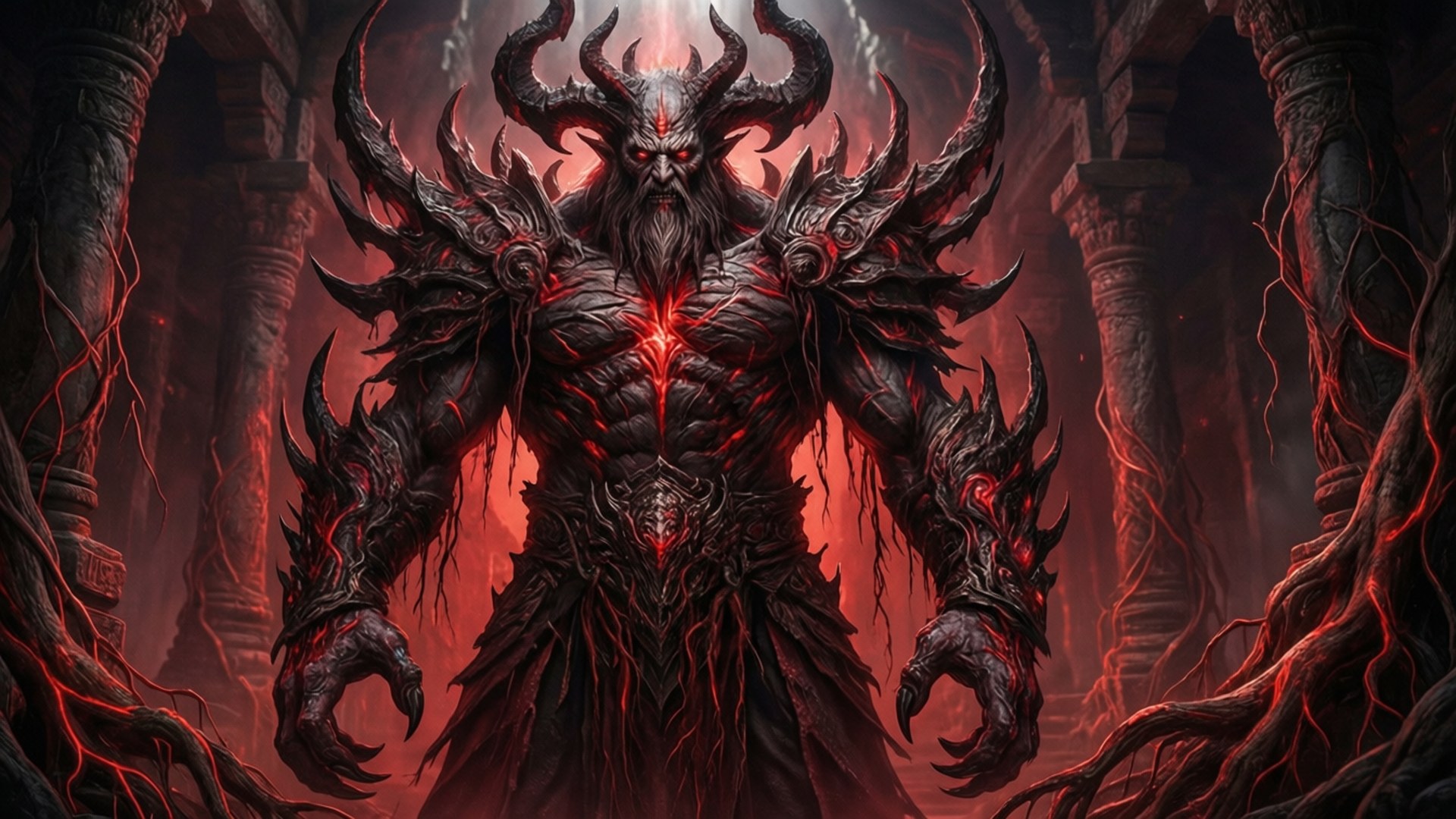 Vergil as Urizen, monstrous form in a dark temple with red roots.