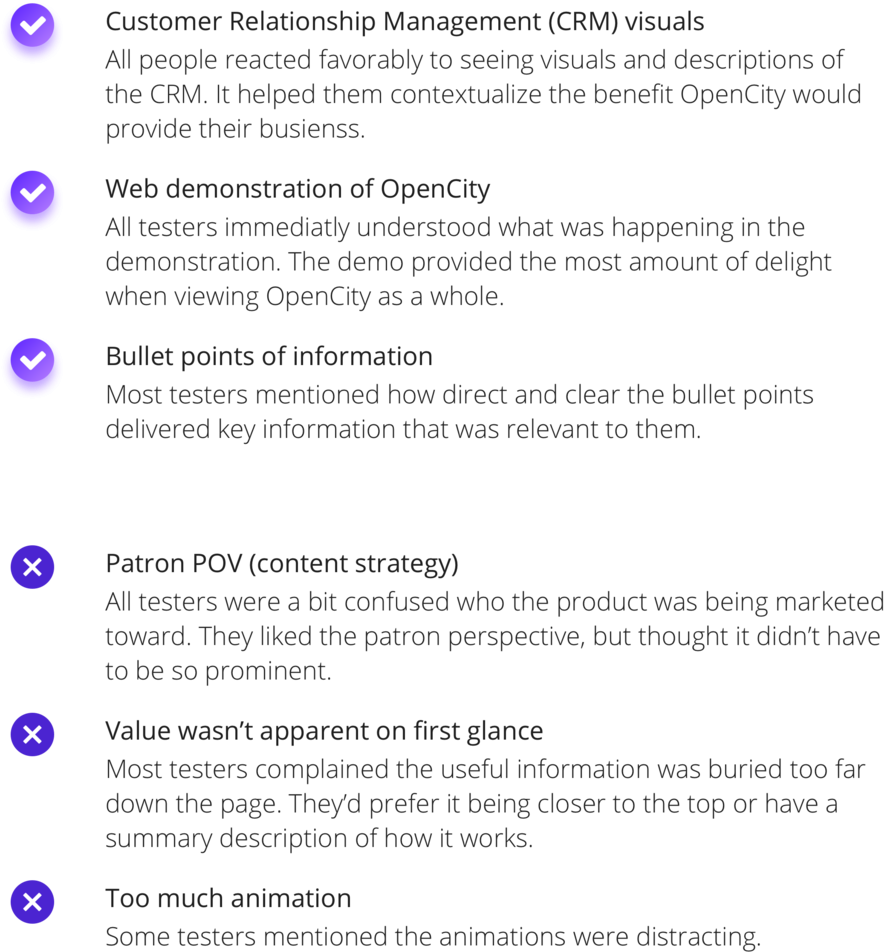 User Feedbackon Website Elements PNG — Three purple checkmark icons vertically aligned on left against black background with three purple X icons below them.