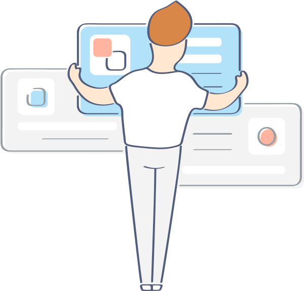 Une personne illustrée interagit avec des éléments flottants de l'interface utilisateur, symbolisant l'interaction numérique ou la gestion de site Web.
