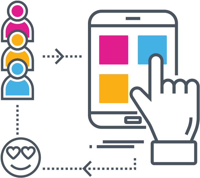 User Interface Interaction Graphic PNG — A stylized hand taps a smartphone displaying colorful app icons while user avatars connect via dotted lines to a smiling heart icon.