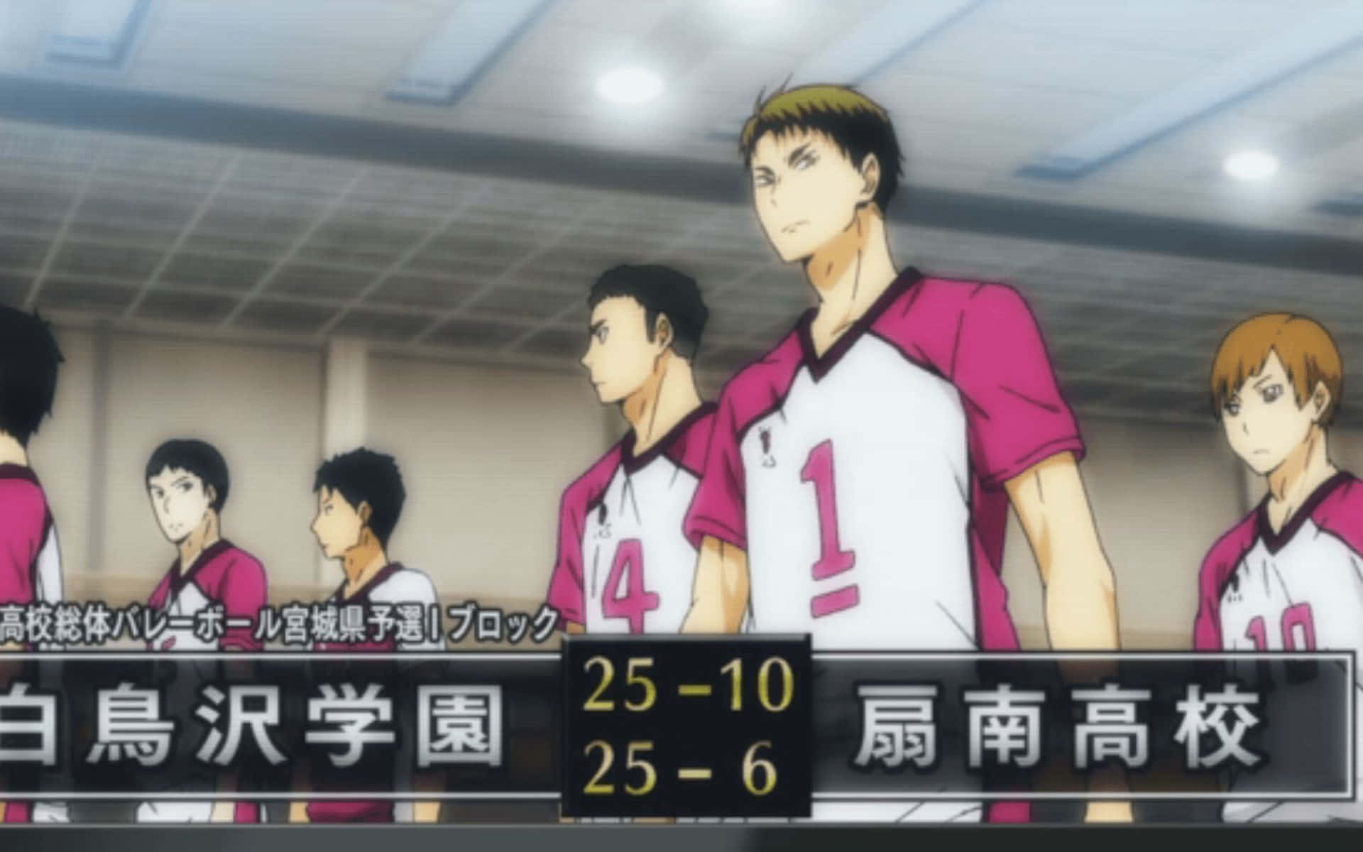 Ushijima Wakatoshi making a powerful spike in a volleyball game Wallpaper