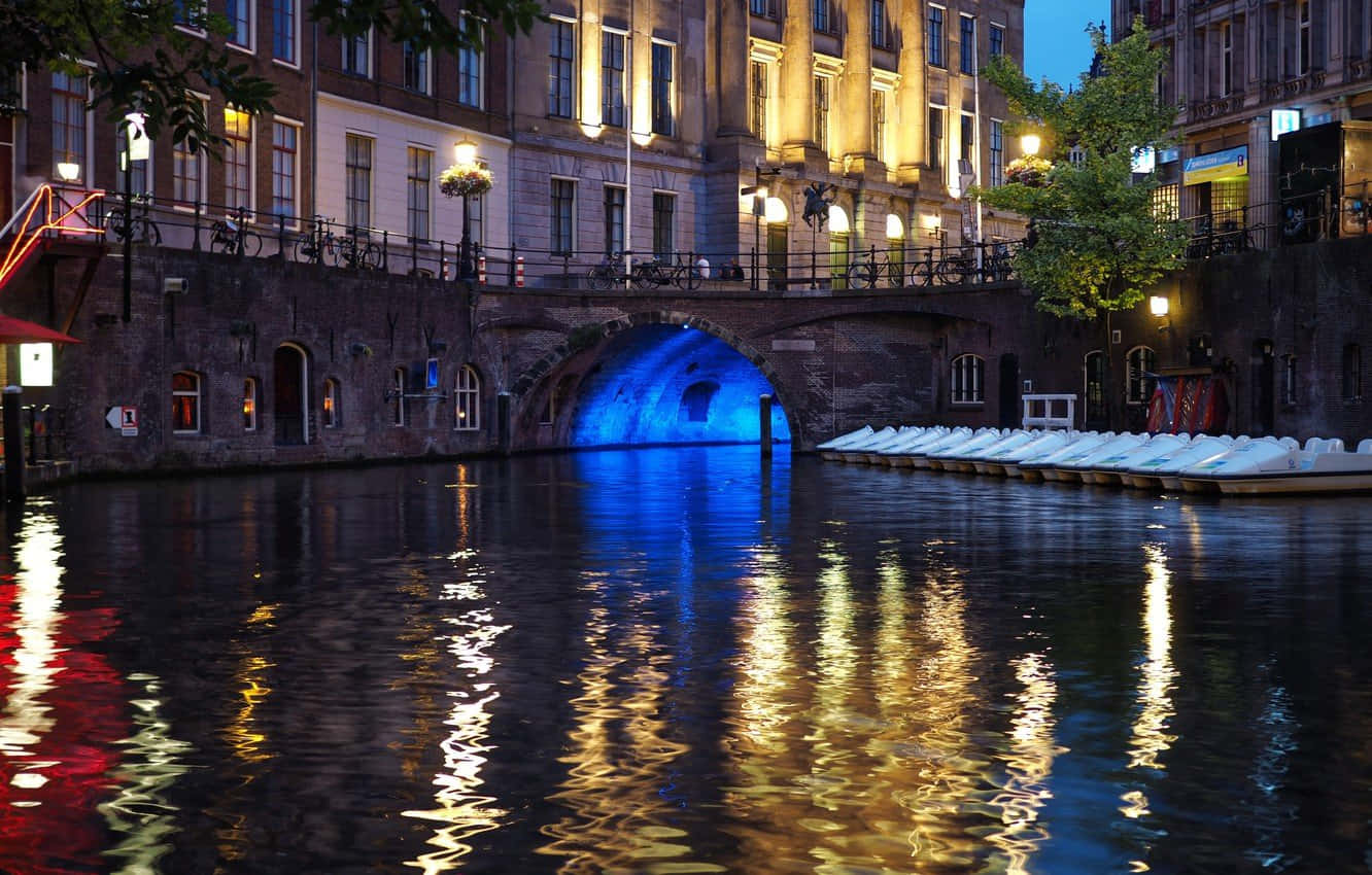 Utrecht Canal Night Reflections Wallpaper