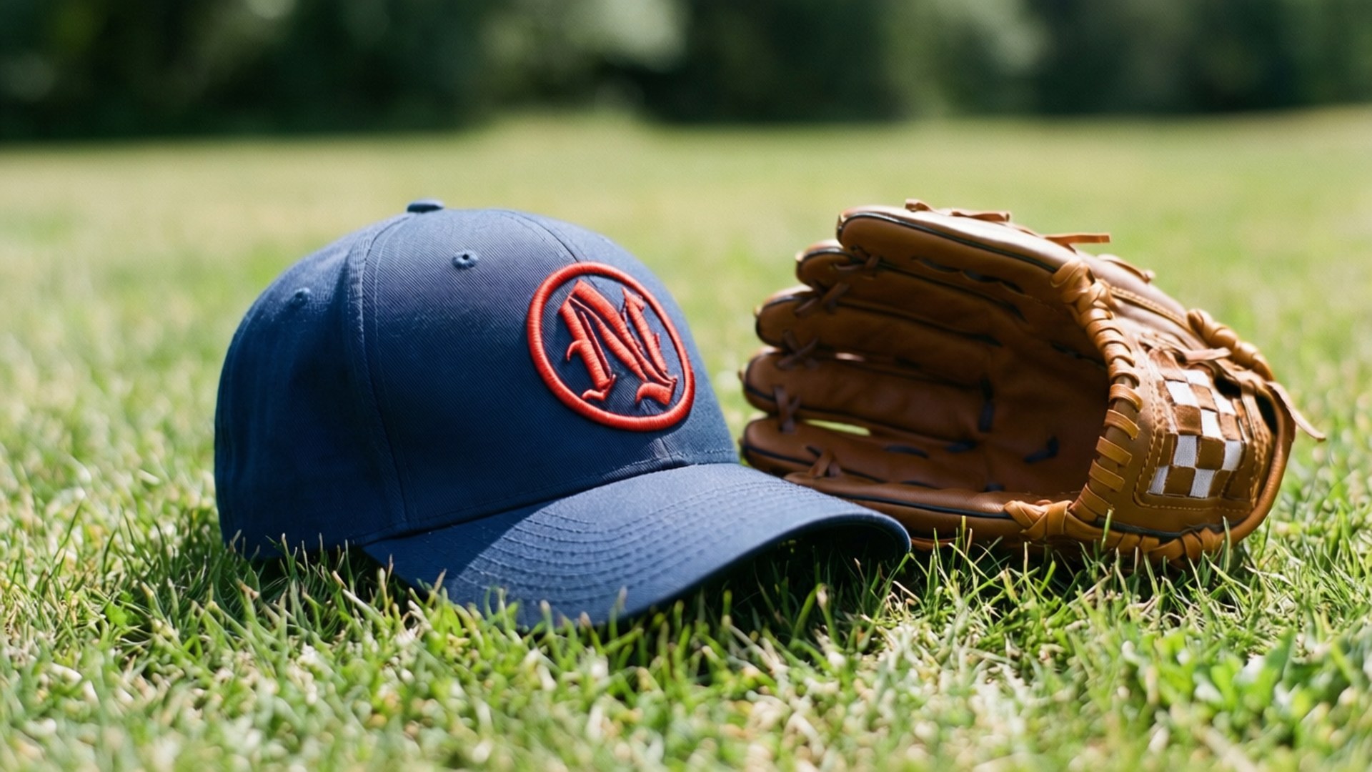 Gear at Rest Wallpaper — A navy blue baseball cap with red logo and brown leather glove rest on vibrant green grass under bright sunlight.