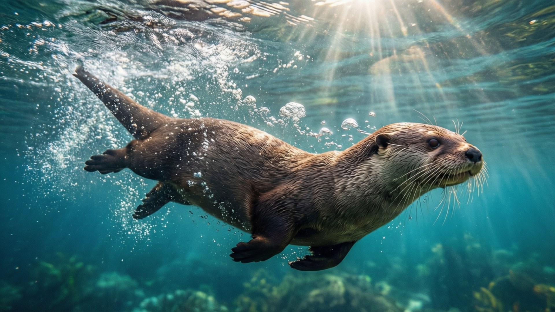 Otter Underwater Swim Wallpaper — A brown otter glides gracefully underwater with sunbeams piercing the surface above.
