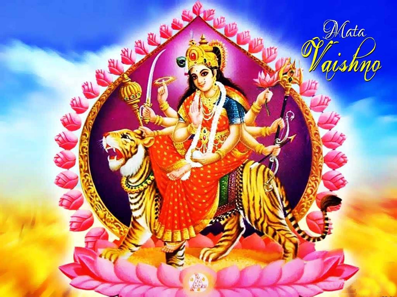 Vaishno Devi sidder på en voldsom tiger Wallpaper