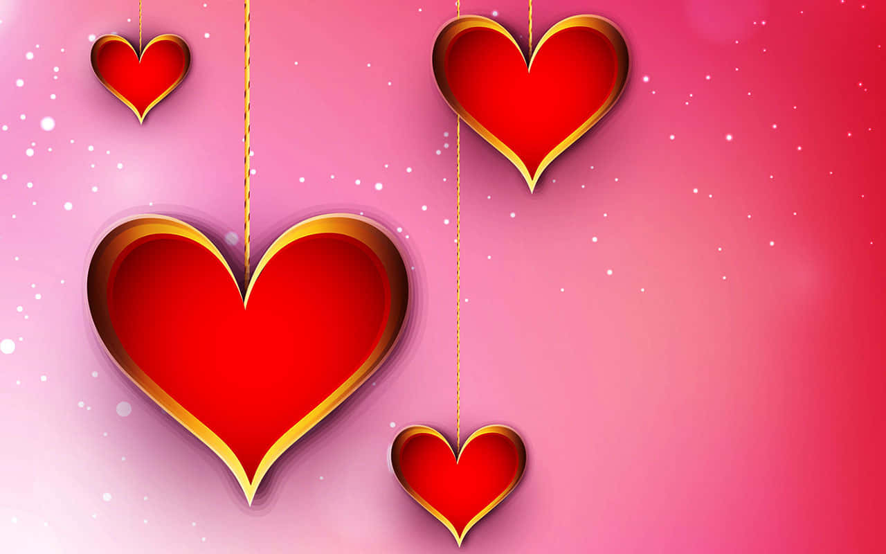 Hanging Gold And Red Hearts Valentine Background