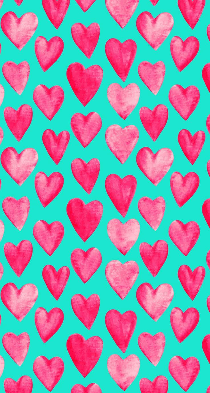 Pink And Pink Hearts On A Turquoise Background Wallpaper