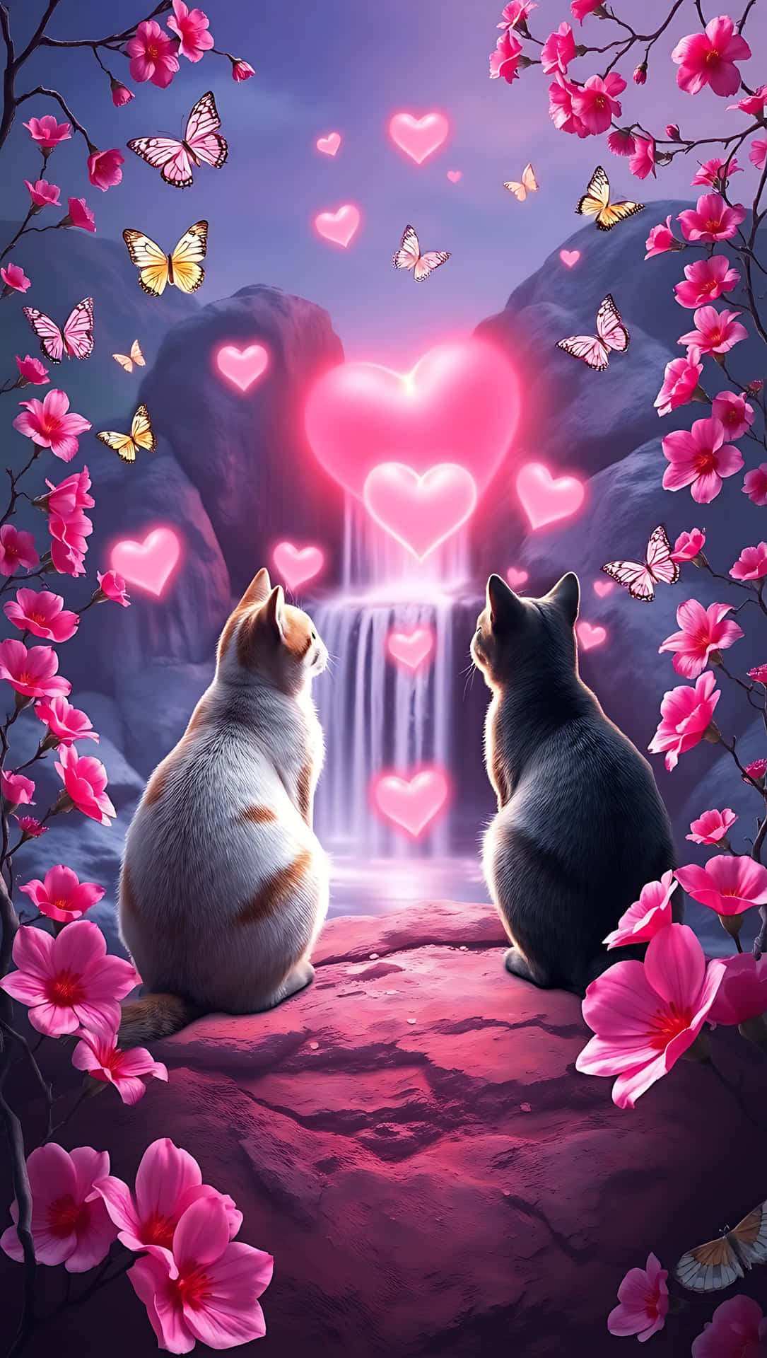 Valentine’s Serenity: Cats And Love Glow. Smartphone Wallpaper Wallpaper
