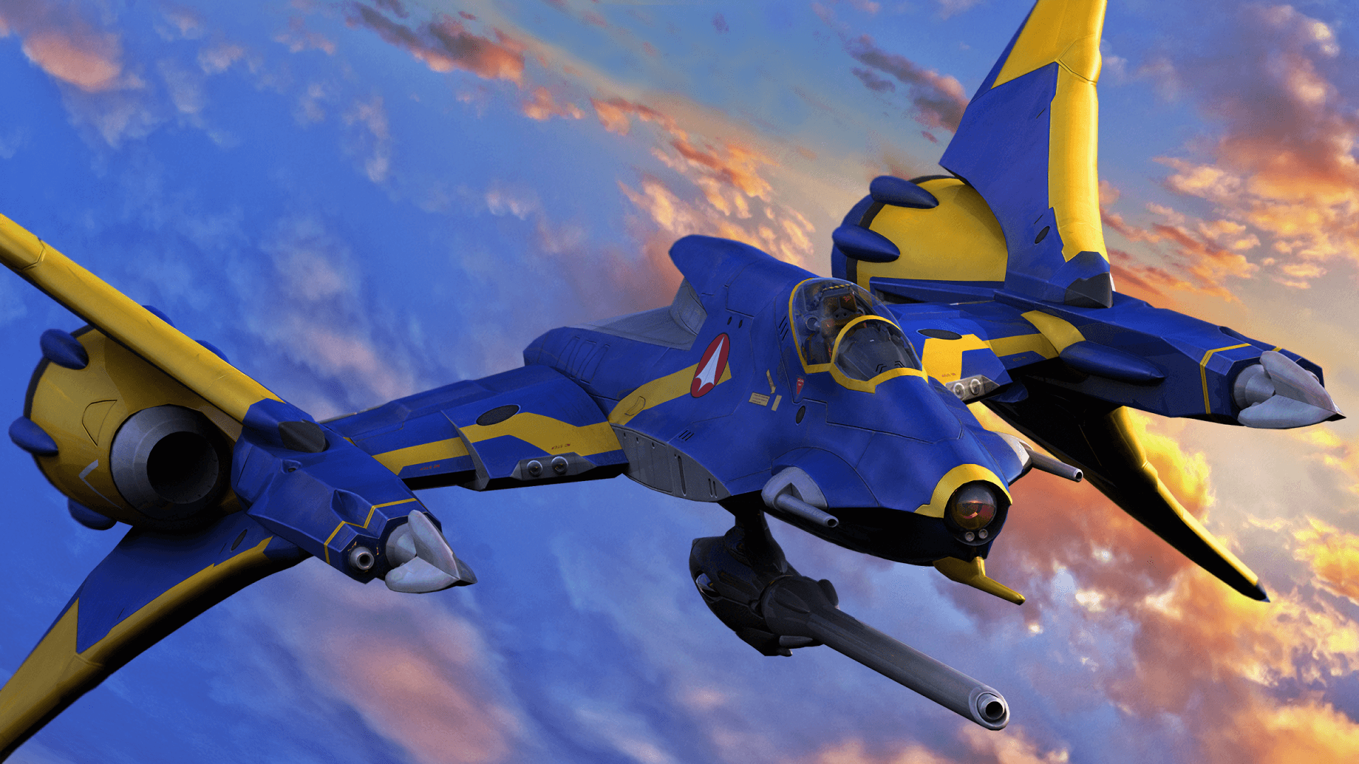 Valkyrie Mecha Jet Soaring Above The City In Macross Universe.