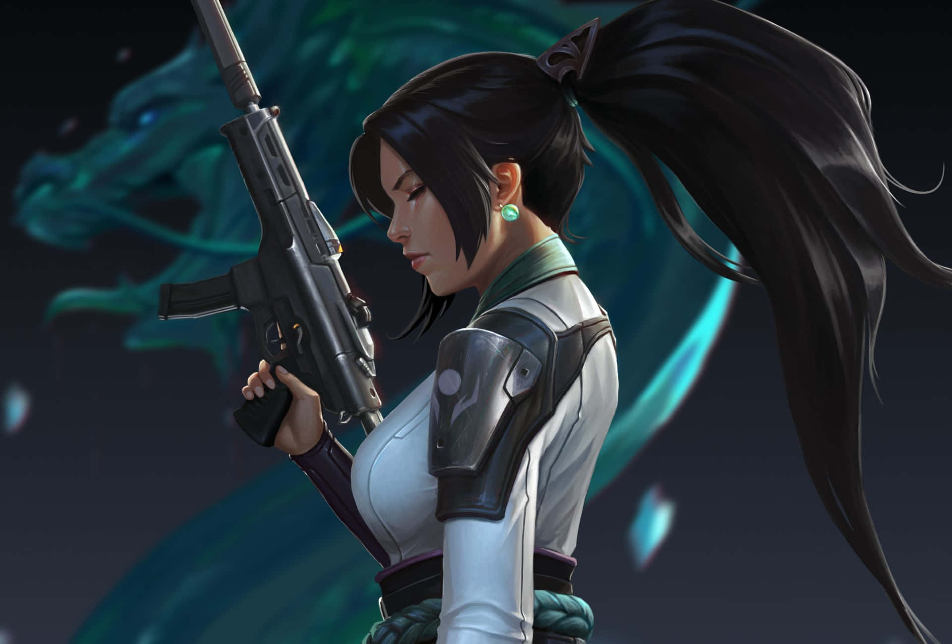 A Woman Holding A Gun With A Dragon Behind Her Wallpaper