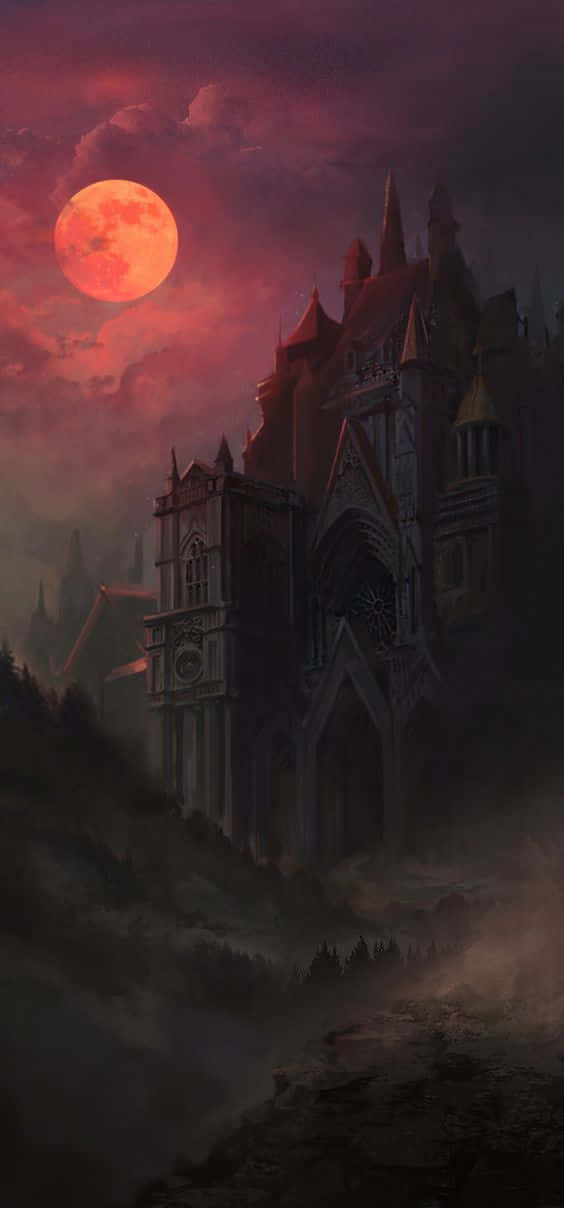 Download A Castle With A Red Moon In The Background Wallpaper ...