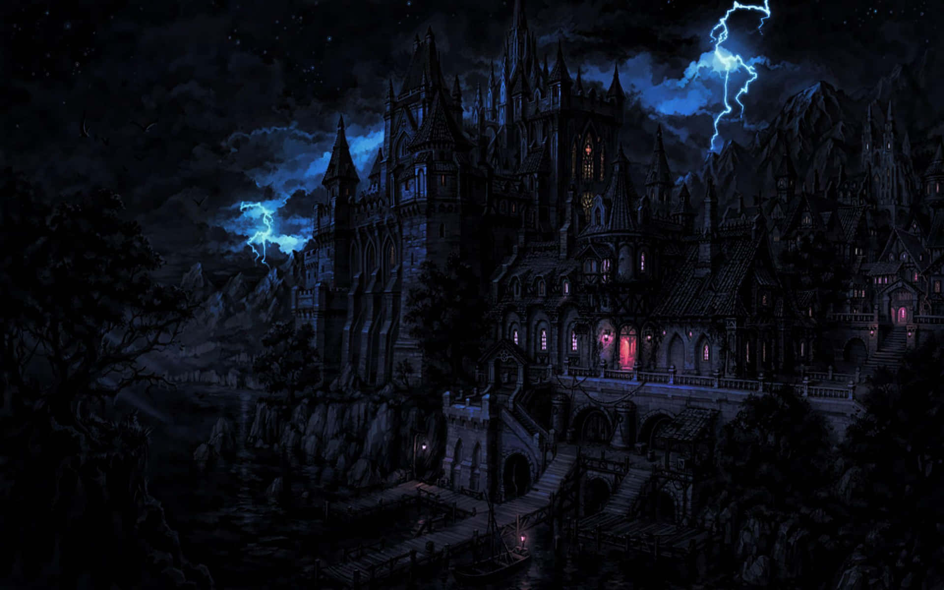 En mystisk og sulten vampyr kigger ud af et vindue til den månelammet by nedenunder. Wallpaper