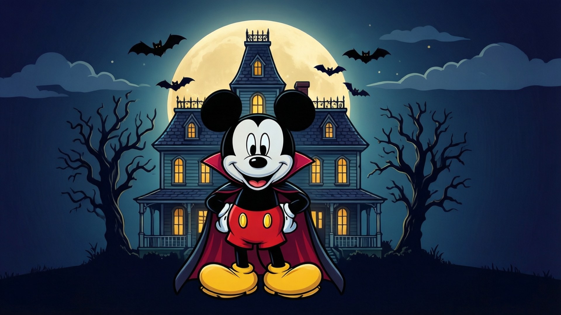 Mickey Mouse as a vampire in flat vector style with haunted mansion.