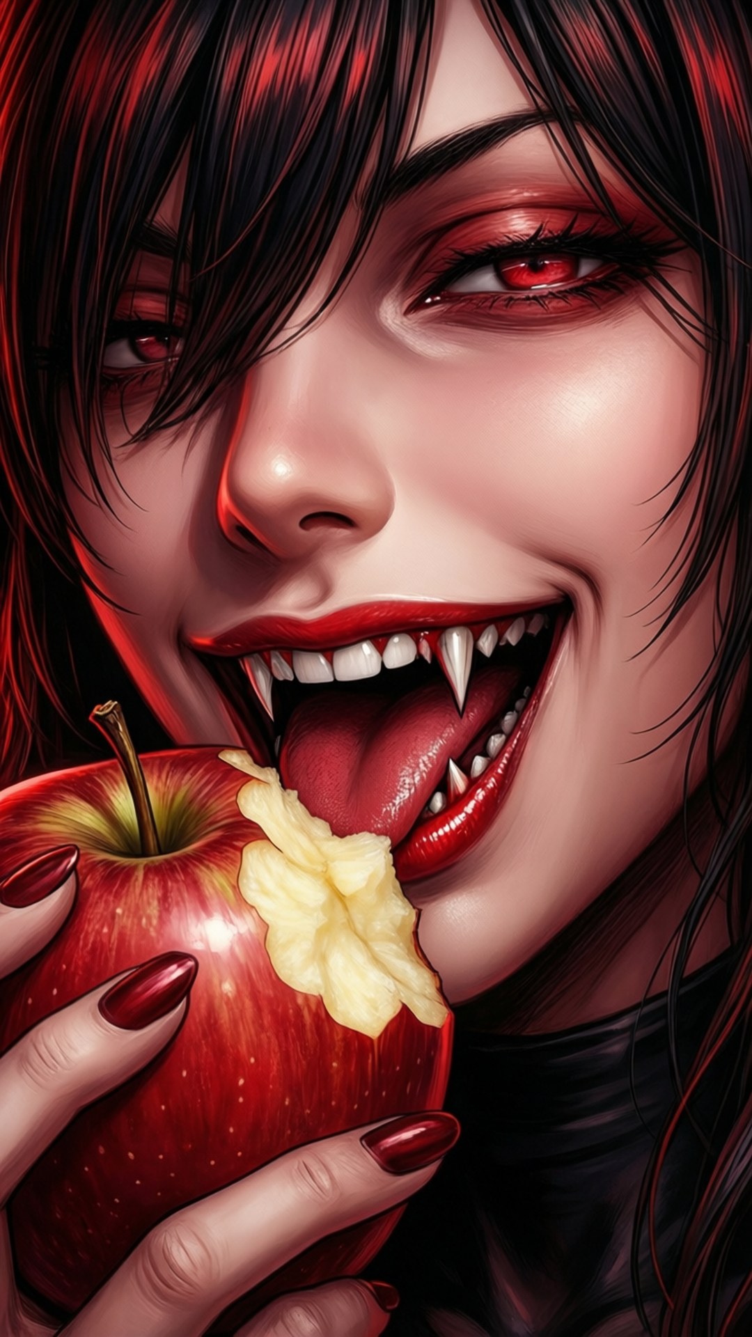 Et slående nærbillede af Nazuna med et rødt æble, der viser hendes legende vampyrnatur i levende farver.
