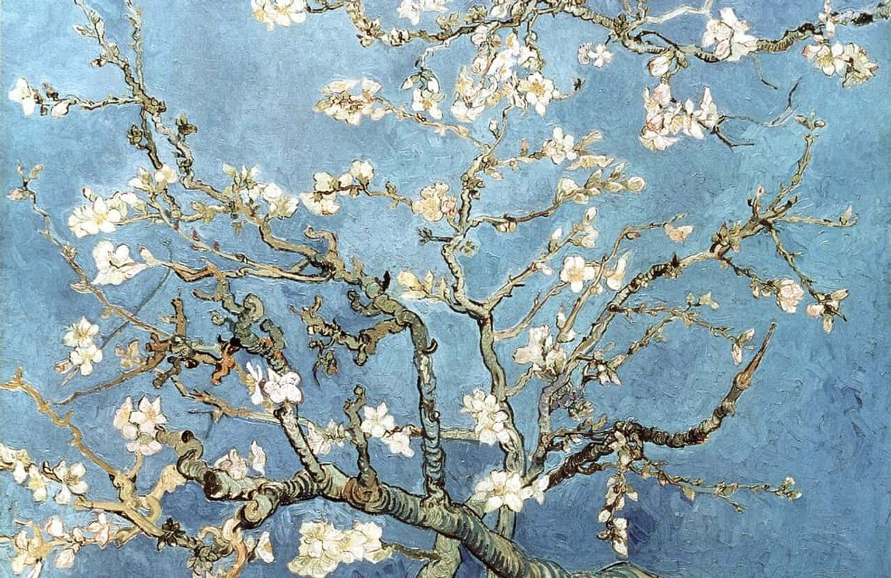 The peaceful landscape of an almond tree blooming in Spring, as captured by poet and master of art, Van Gogh Wallpaper