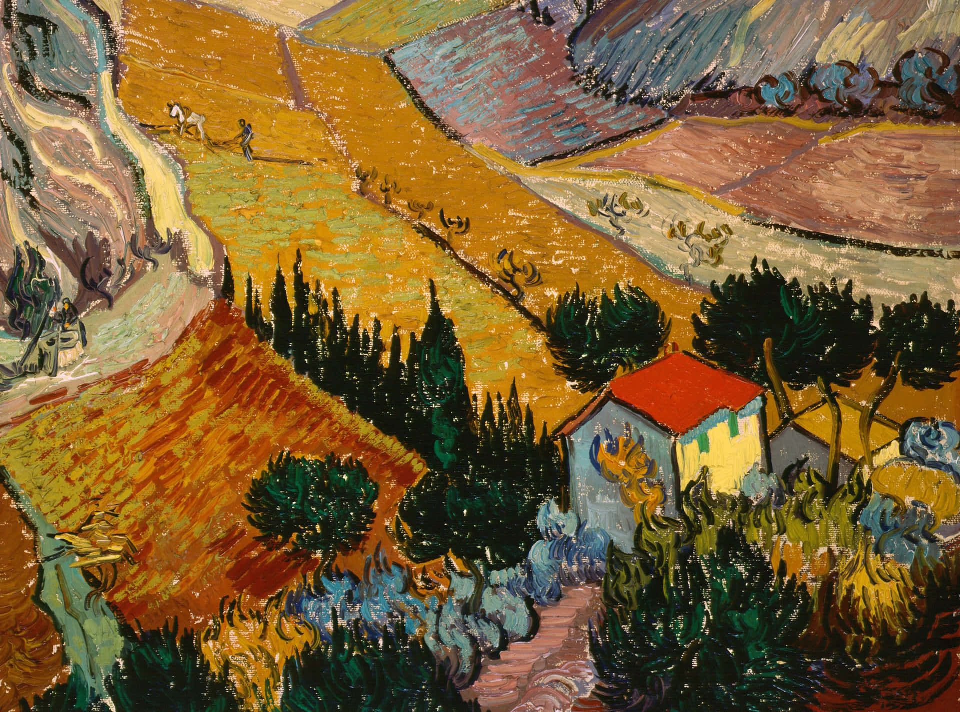 A Painting Of A Landscape With Trees And A House
