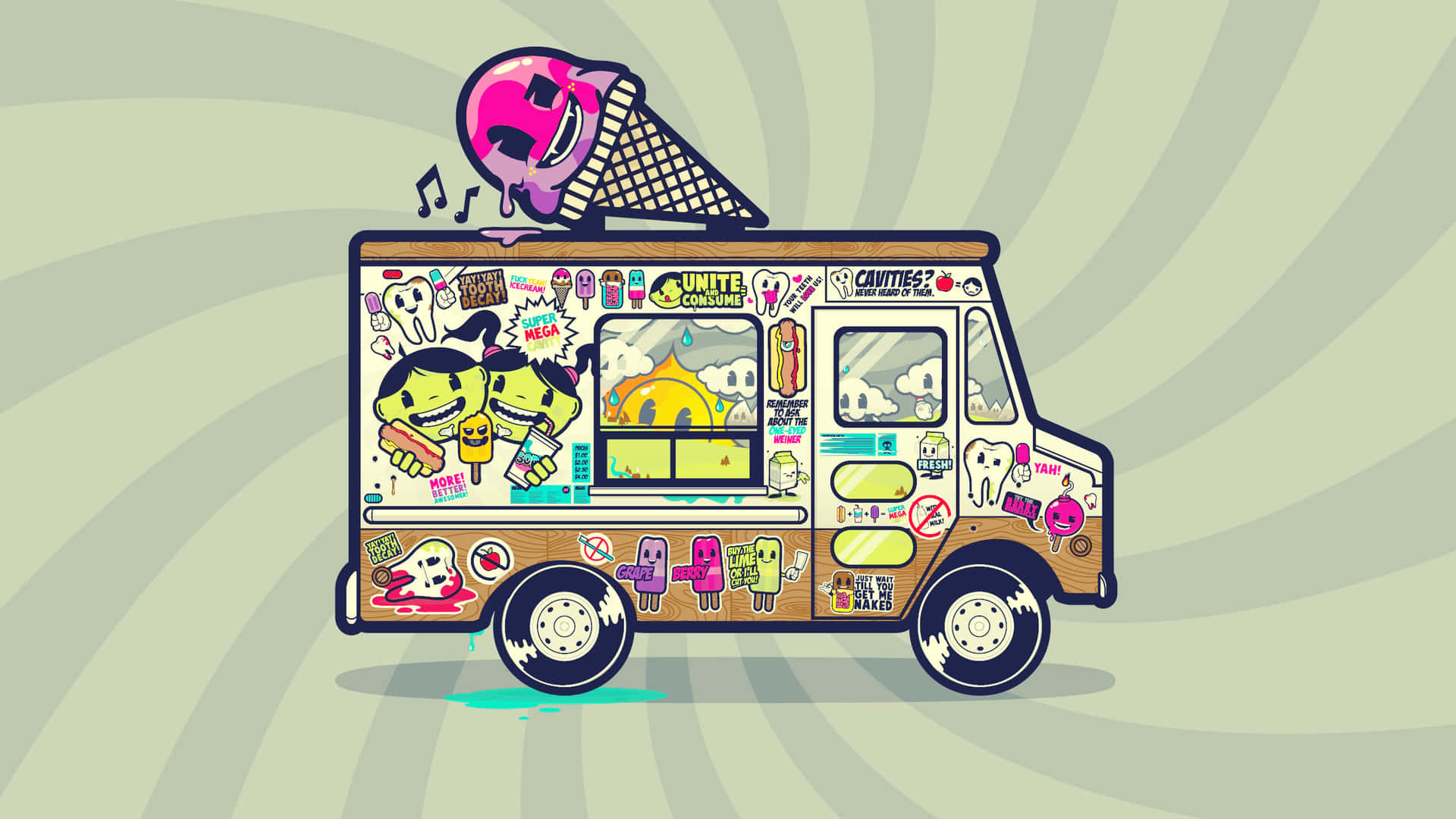 A Cartoon Ice Cream Truck With A Lot Of Different Things On It
