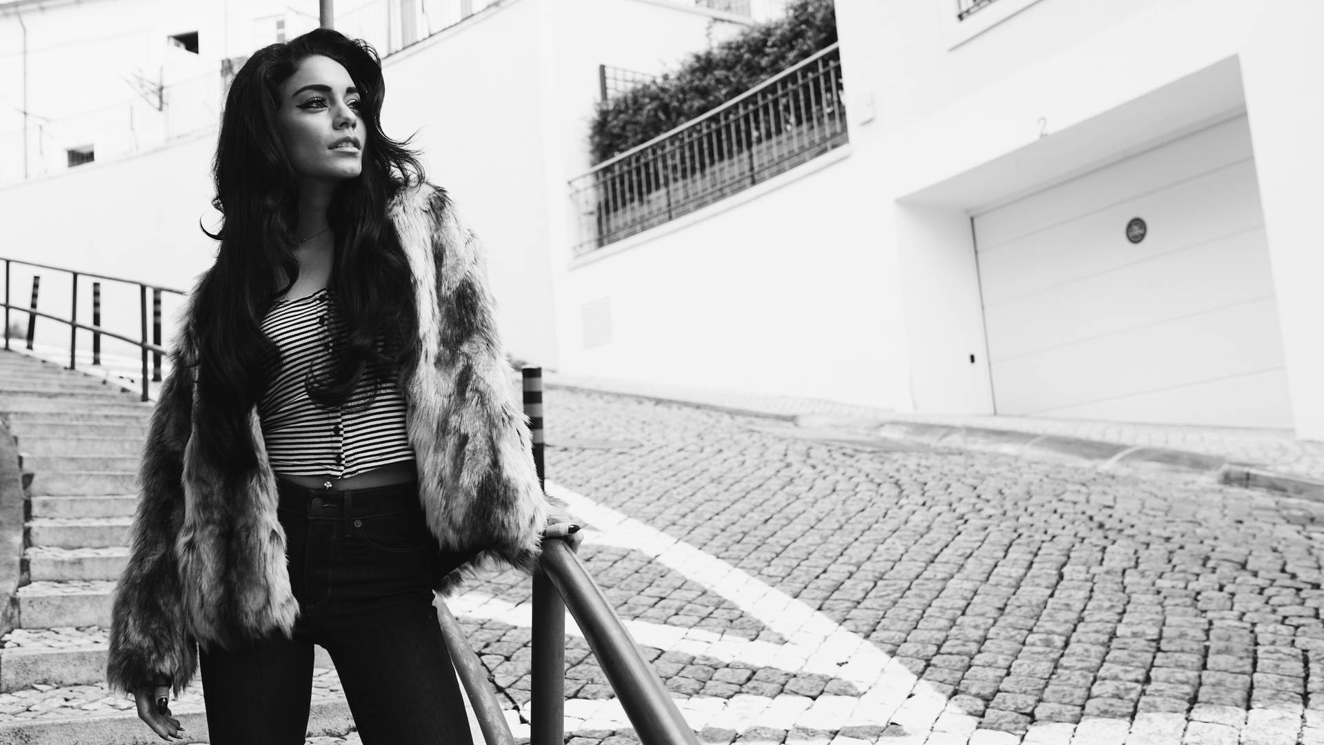 Vanessa Hudgens Black And White Fur Outfit Wallpaper