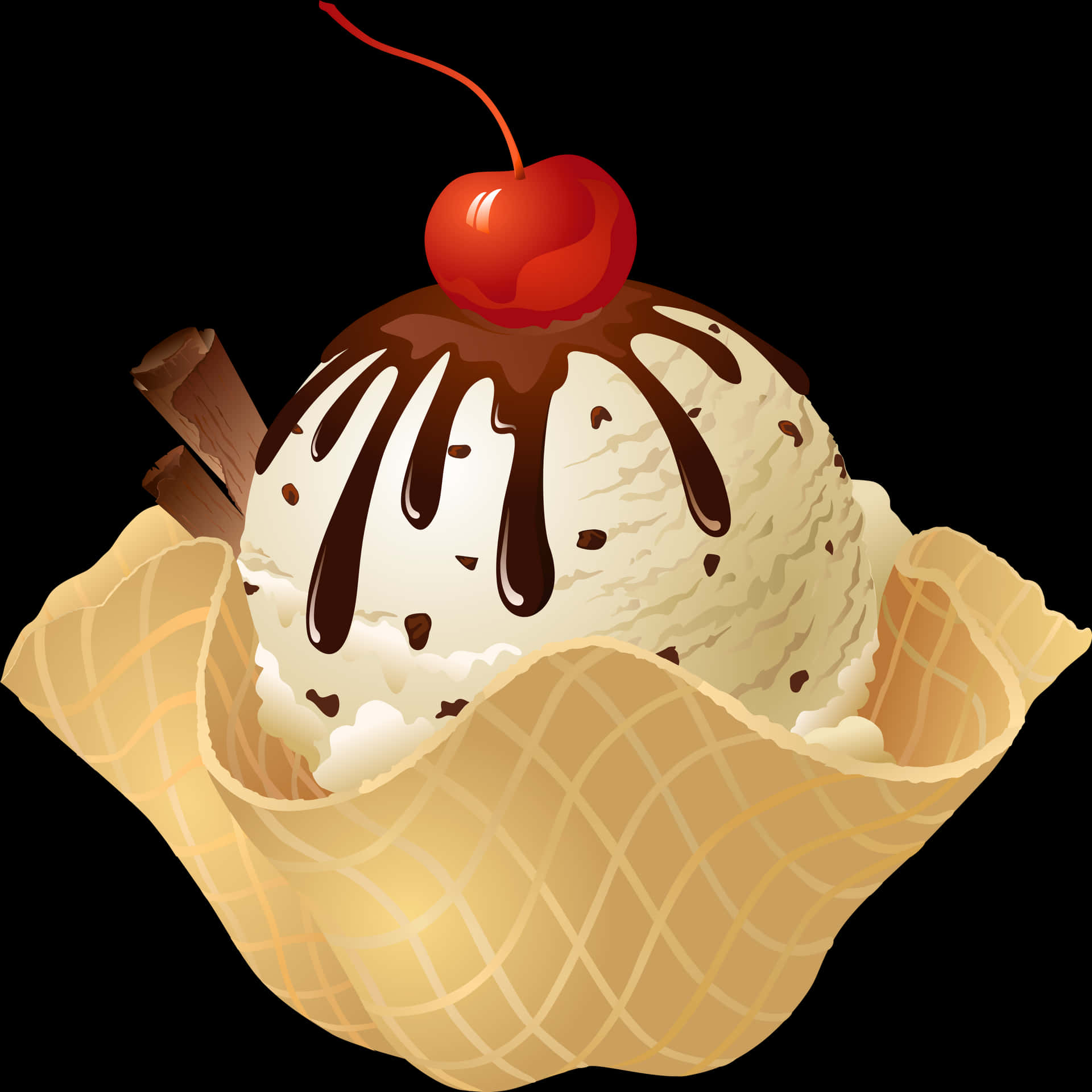 Vanilla Ice Cream Scoop Chocolate Drizzle Cherry PNG